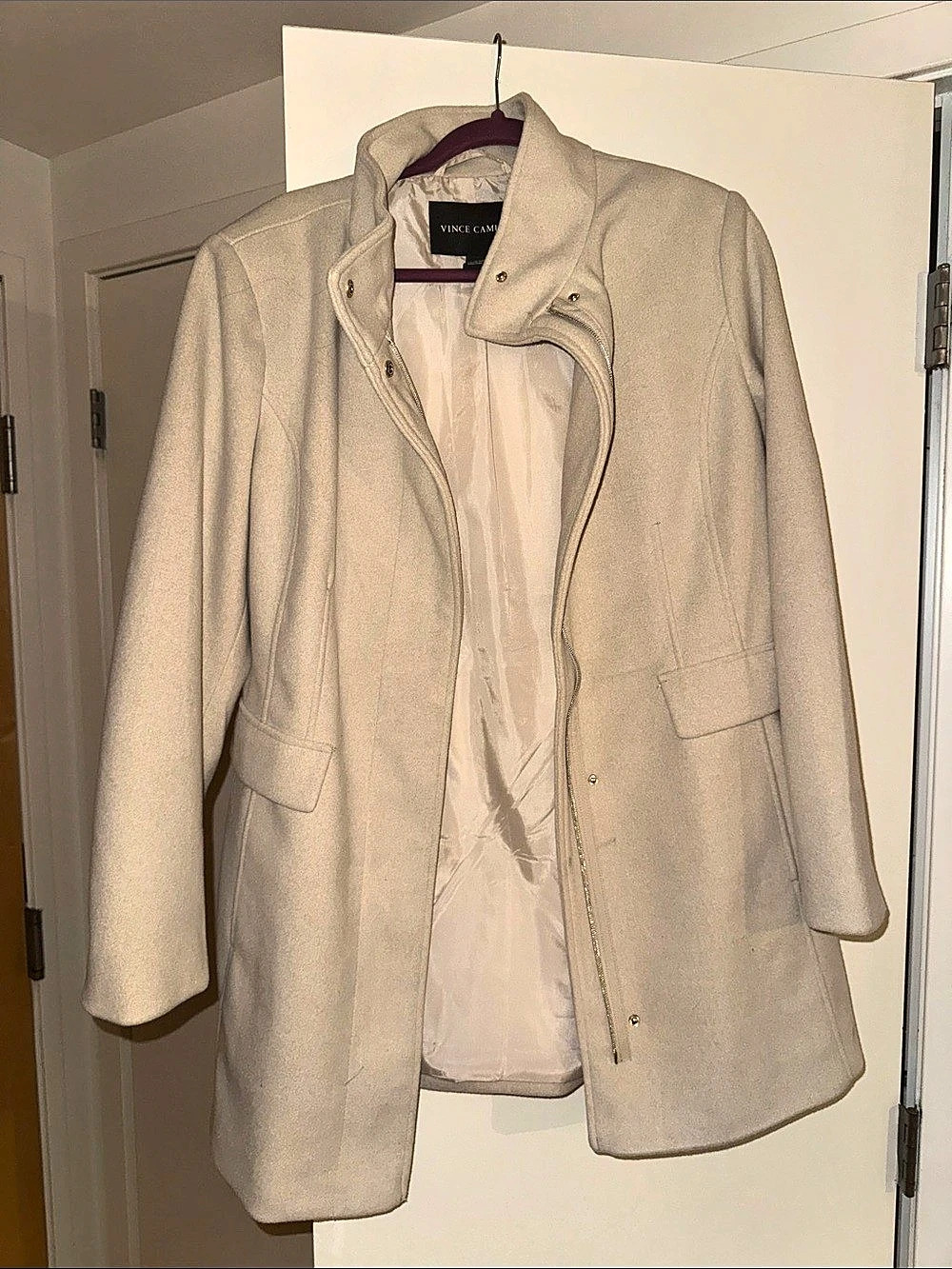 Vince Camuto High Neck Wool-Blend Pea Coat in Cream